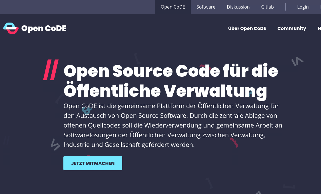 Die Startseite von Open CoDE (Screenshot)