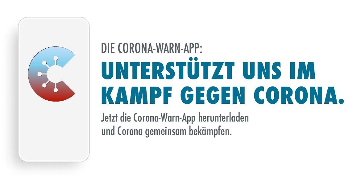 Logo der Corona-Warn-App der Bundesregierung mit Aufruf zur Nutzung (Artikel-Titelbild)