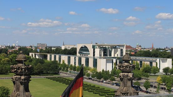 View of the German Federal Chancellery as seen from the roof of the Reichstag building